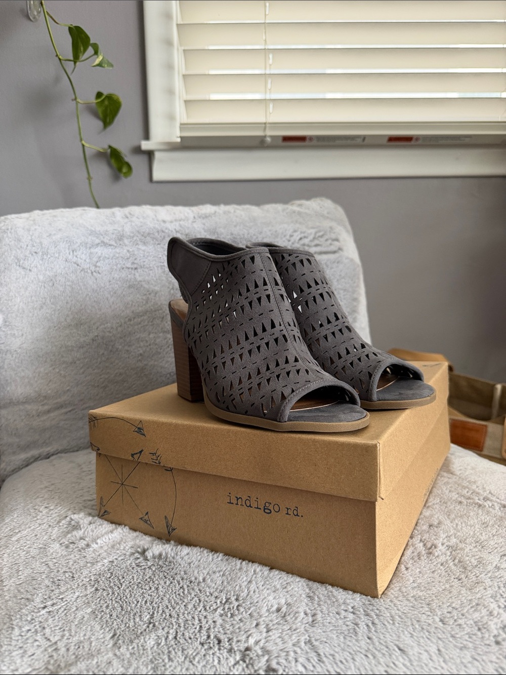 Indigo Charcoal Laser-Cut Peep-Toe Block Heel Sandals